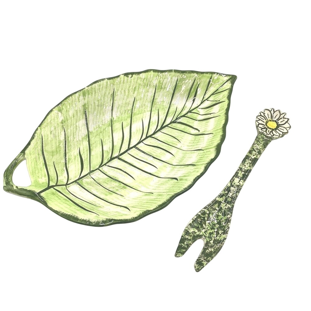 Ceramic Leaf Shaped Serving Dish‎ with Daisy Fork Appetizer Snack Plate